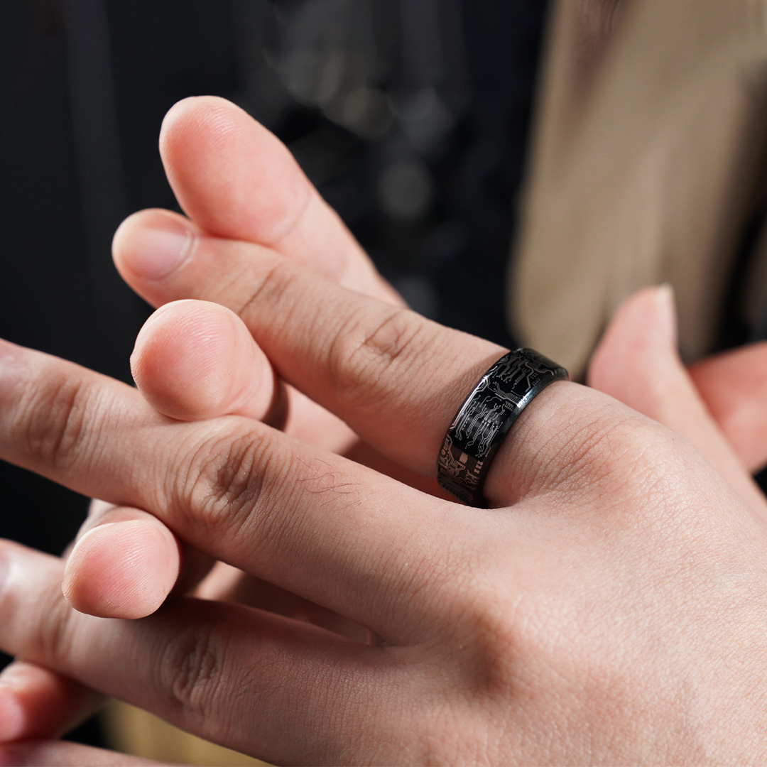 Black Circuit Board Ring, 8mm Titanium Band, Computer Gamer Geek Wedding Anniversary Gift Band Ring